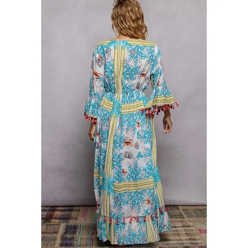 POL - Beach Inspired Pattern Ruffle Sleeve Tassel Maxi Dress - Medium - Picture 5 of 6